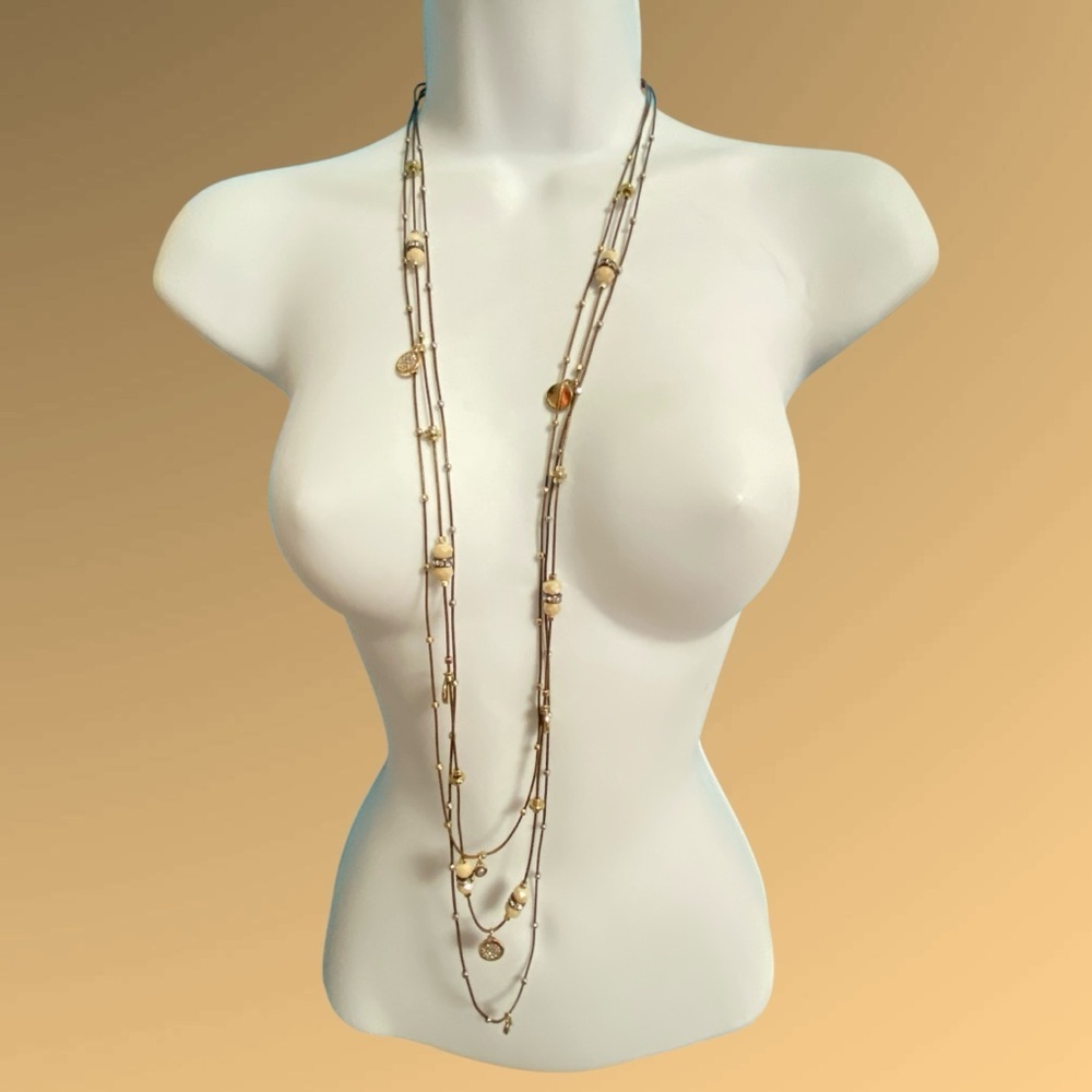 Multistrand Brown Cords & Glass Beads Long Necklace Gold Tone Boho Style